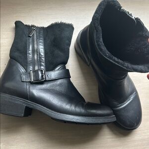 Aquatalia Women's Black Leather Shearling Saphire Zip Buckle Mid Boot